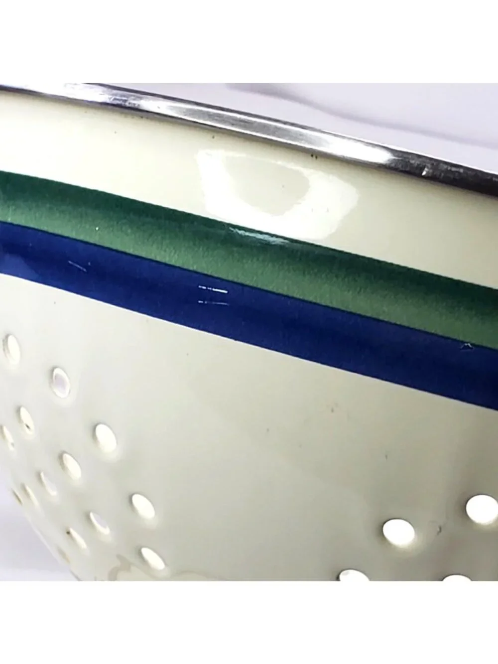 Vintage Pfaltzgraff Metal Enamel Colander Strainer Striped 9